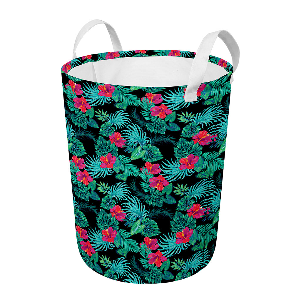 Turquoise Hawaiian Palm Leaves Print Round Laundry Basket