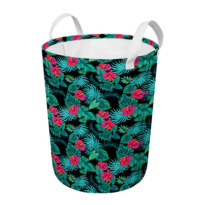 Turquoise Hawaiian Palm Leaves Print Round Laundry Basket