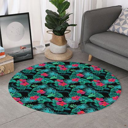 Turquoise Hawaiian Palm Leaves Print Round Rug