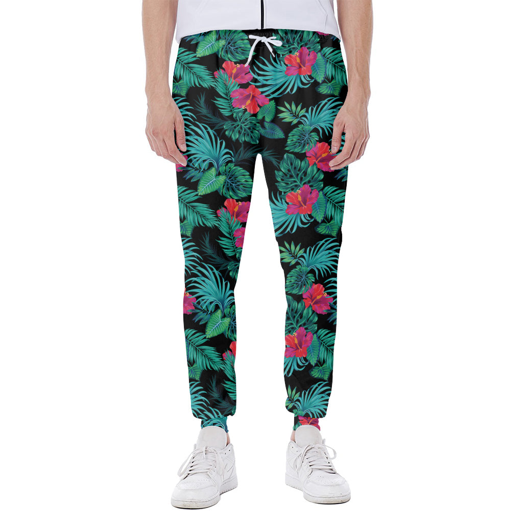 Turquoise Hawaiian Palm Leaves Print Scuba Joggers