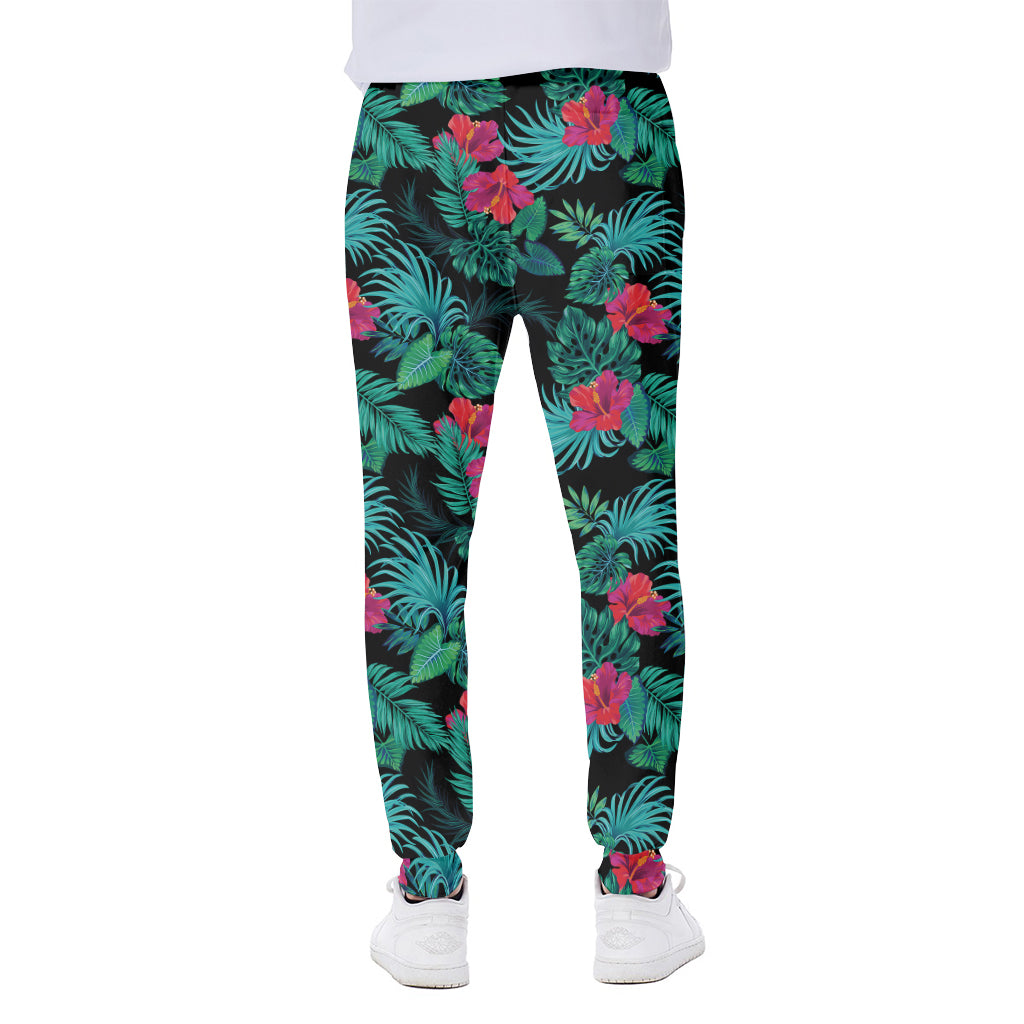 Turquoise Hawaiian Palm Leaves Print Scuba Joggers