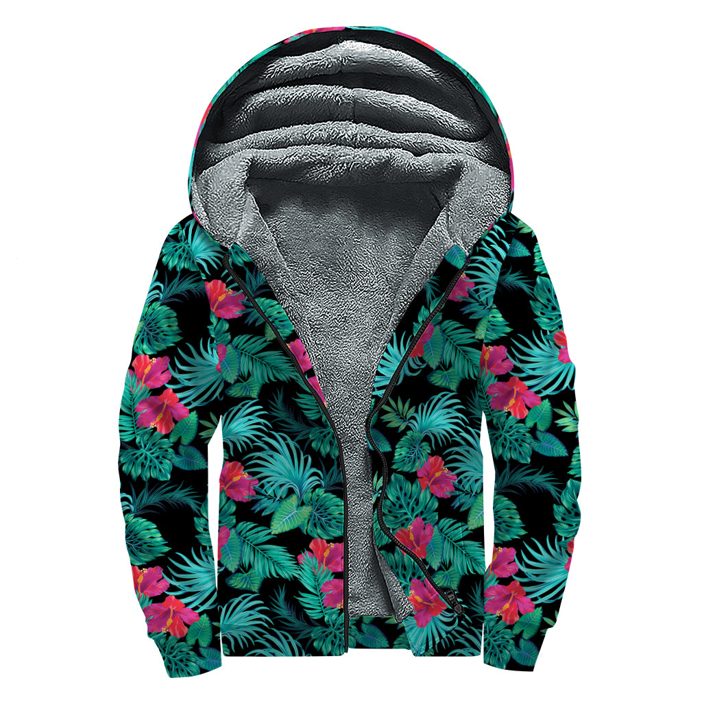 Turquoise Hawaiian Palm Leaves Print Sherpa Lined Zip Up Hoodie