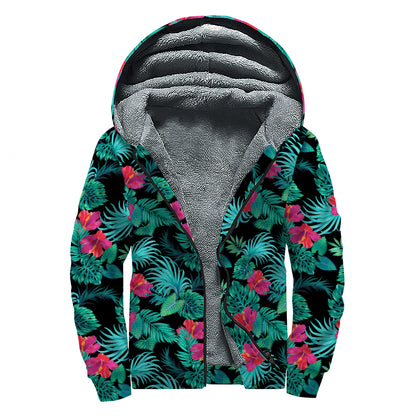 Turquoise Hawaiian Palm Leaves Print Sherpa Lined Zip Up Hoodie
