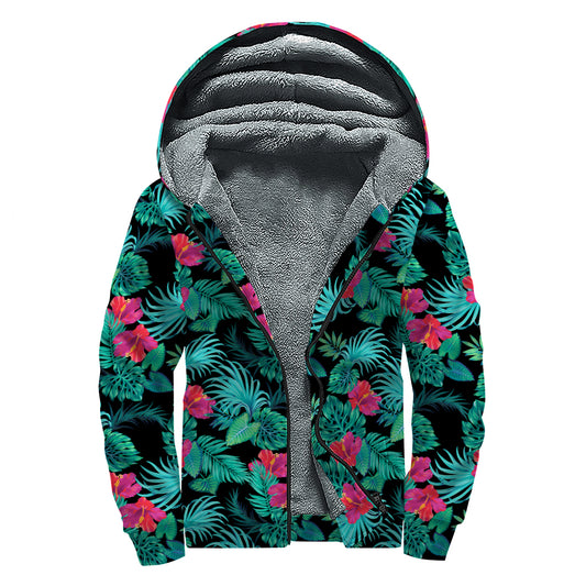 Turquoise Hawaiian Palm Leaves Print Sherpa Lined Zip Up Hoodie