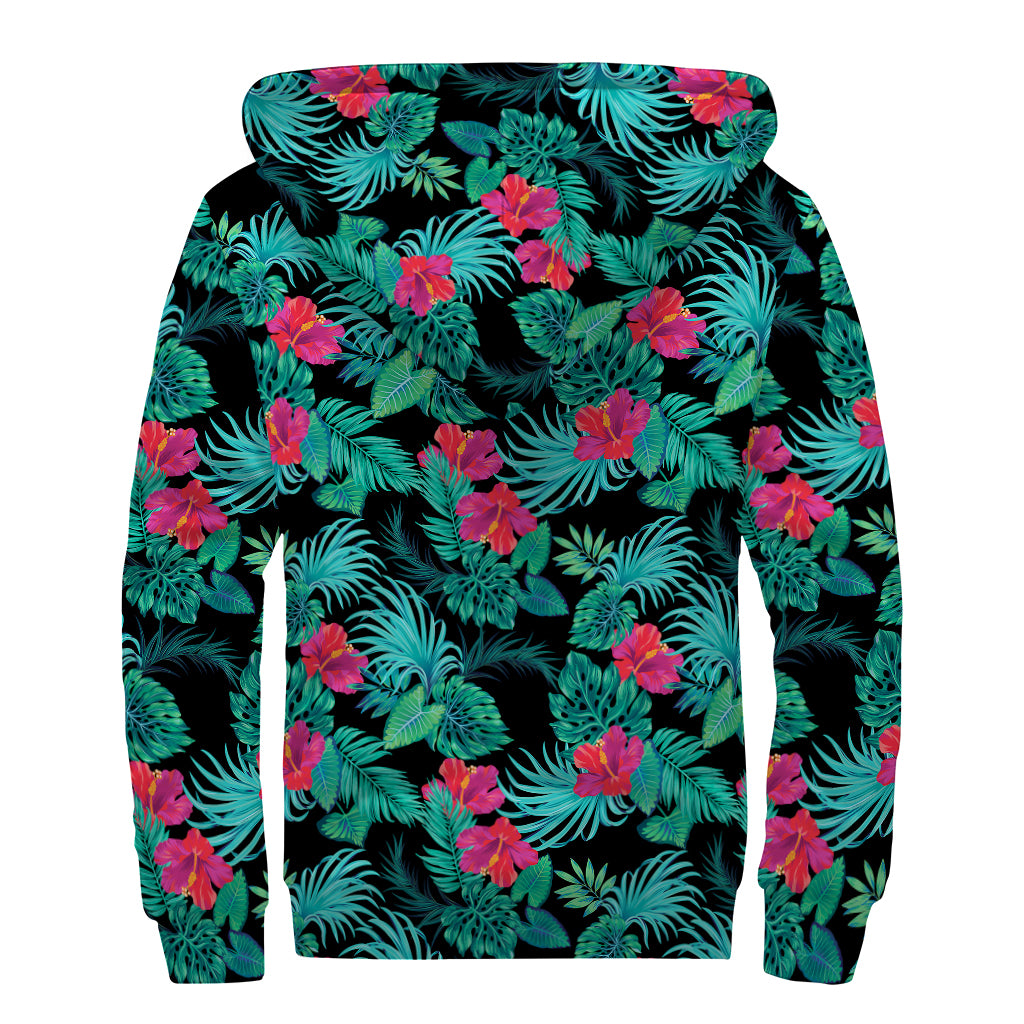 Turquoise Hawaiian Palm Leaves Print Sherpa Lined Zip Up Hoodie