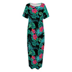 Turquoise Hawaiian Palm Leaves Print Short Sleeve Long Nightdress