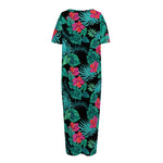 Turquoise Hawaiian Palm Leaves Print Short Sleeve Long Nightdress