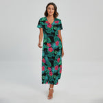 Turquoise Hawaiian Palm Leaves Print Short Sleeve Maxi Dress