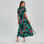 Turquoise Hawaiian Palm Leaves Print Short Sleeve Maxi Dress