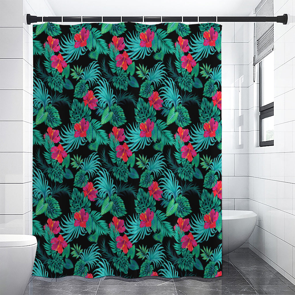 Turquoise Hawaiian Palm Leaves Print Shower Curtain