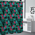 Turquoise Hawaiian Palm Leaves Print Shower Curtain