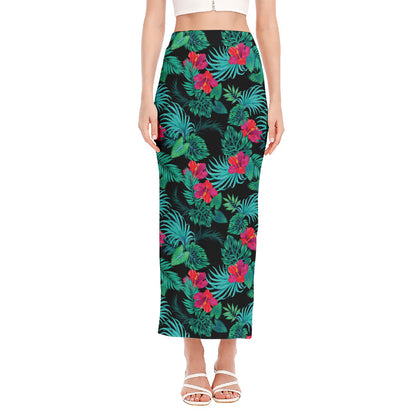 Turquoise Hawaiian Palm Leaves Print Side Slit Maxi Skirt