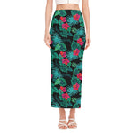 Turquoise Hawaiian Palm Leaves Print Side Slit Maxi Skirt