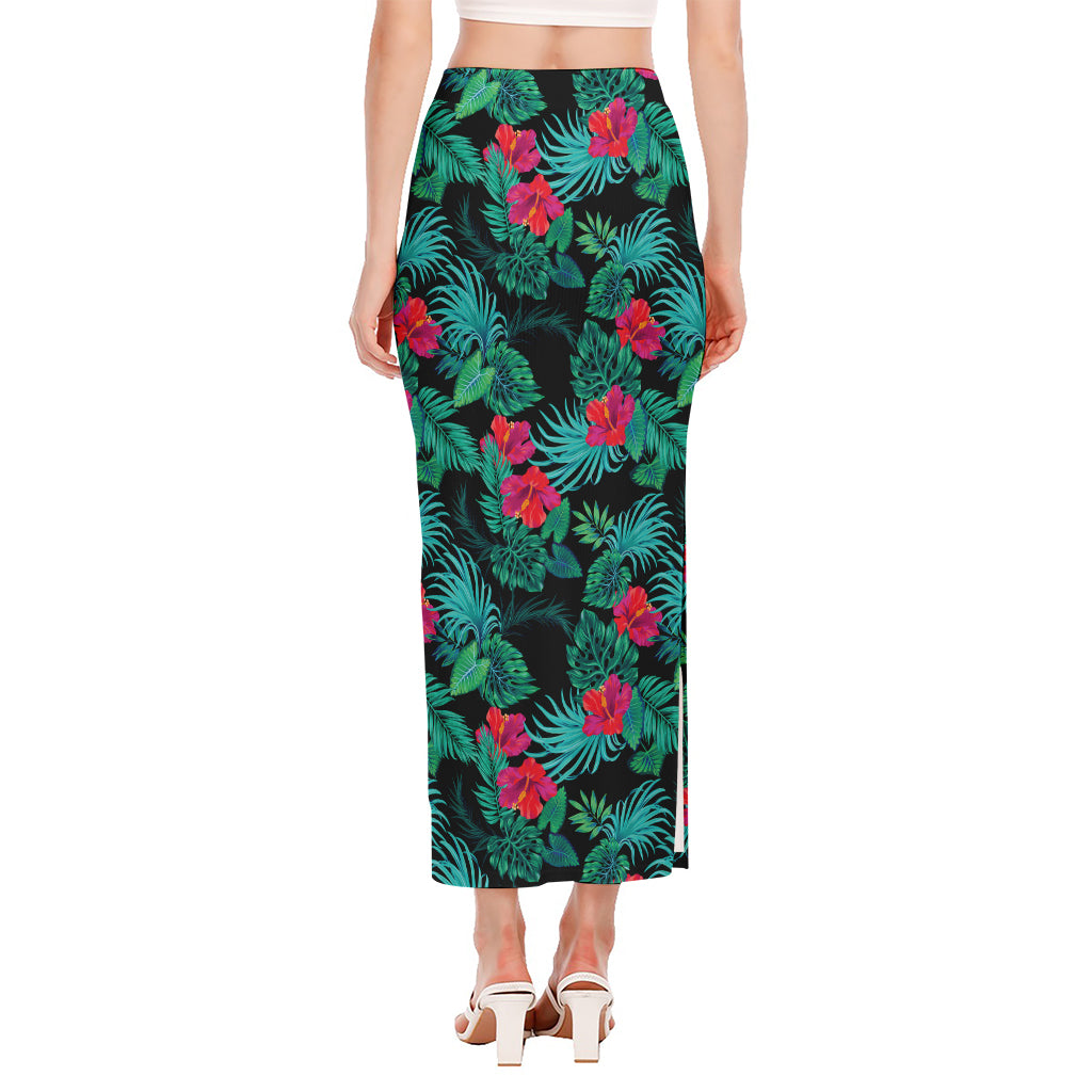 Turquoise Hawaiian Palm Leaves Print Side Slit Maxi Skirt