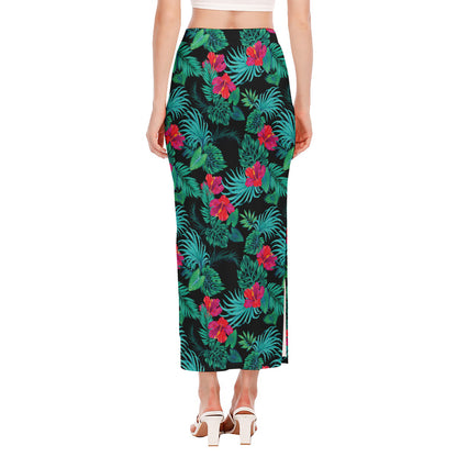 Turquoise Hawaiian Palm Leaves Print Side Slit Maxi Skirt