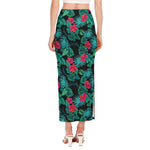 Turquoise Hawaiian Palm Leaves Print Side Slit Maxi Skirt