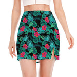 Turquoise Hawaiian Palm Leaves Print Side Slit Mini Skirt