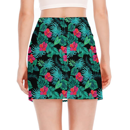 Turquoise Hawaiian Palm Leaves Print Side Slit Mini Skirt