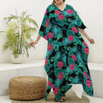 Turquoise Hawaiian Palm Leaves Print Silk V-Neck Kaftan Dress
