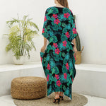 Turquoise Hawaiian Palm Leaves Print Silk V-Neck Kaftan Dress