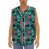 Turquoise Hawaiian Palm Leaves Print Sleeveless Baseball Jersey