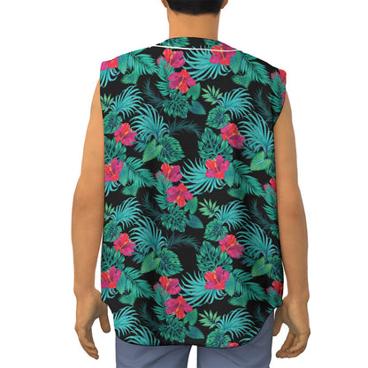 Turquoise Hawaiian Palm Leaves Print Sleeveless Baseball Jersey