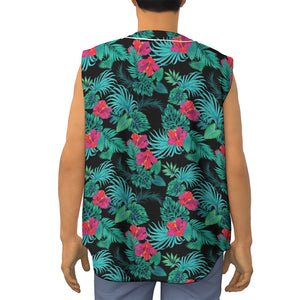 Turquoise Hawaiian Palm Leaves Print Sleeveless Baseball Jersey