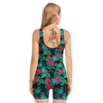 Turquoise Hawaiian Palm Leaves Print Sleeveless One Piece Swimsuit