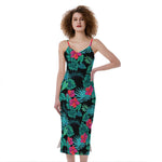 Turquoise Hawaiian Palm Leaves Print Slim Fit Midi Cami Dress