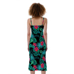 Turquoise Hawaiian Palm Leaves Print Slim Fit Midi Cami Dress