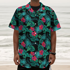 Turquoise Hawaiian Palm Leaves Print Textured Short Sleeve Shirt