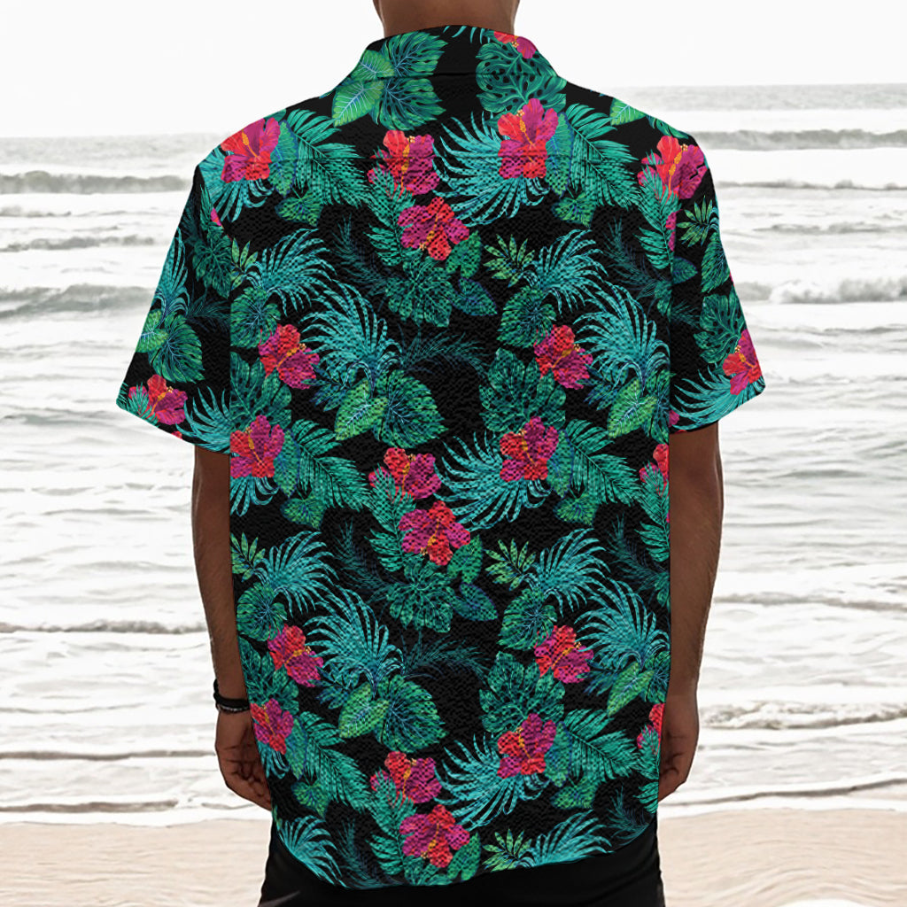 Turquoise Hawaiian Palm Leaves Print Textured Short Sleeve Shirt