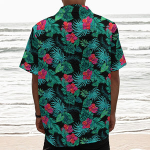 Turquoise Hawaiian Palm Leaves Print Textured Short Sleeve Shirt