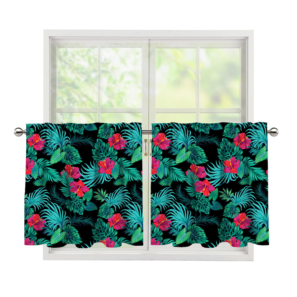 Turquoise Hawaiian Palm Leaves Print Tier Curtains