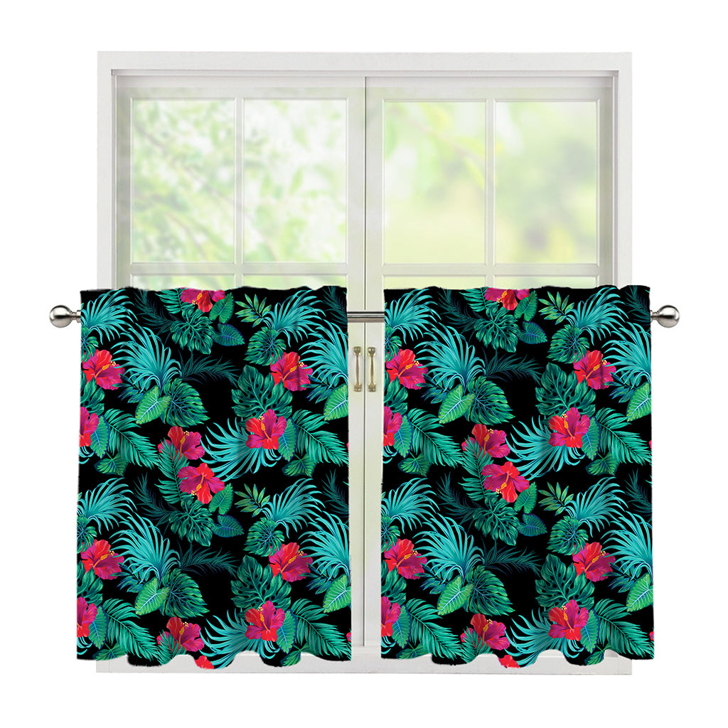 Turquoise Hawaiian Palm Leaves Print Tier Curtains