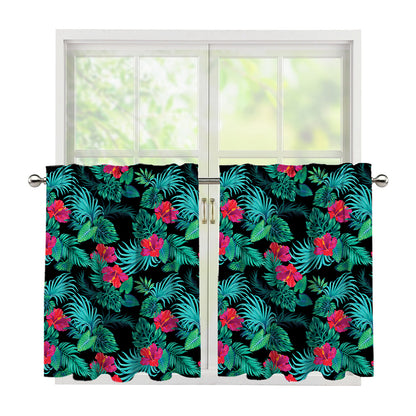 Turquoise Hawaiian Palm Leaves Print Tier Curtains