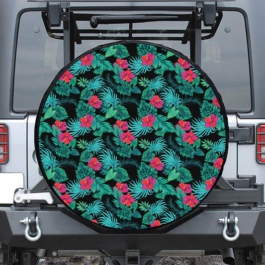 Turquoise Hawaiian Palm Leaves Print Tire Cover