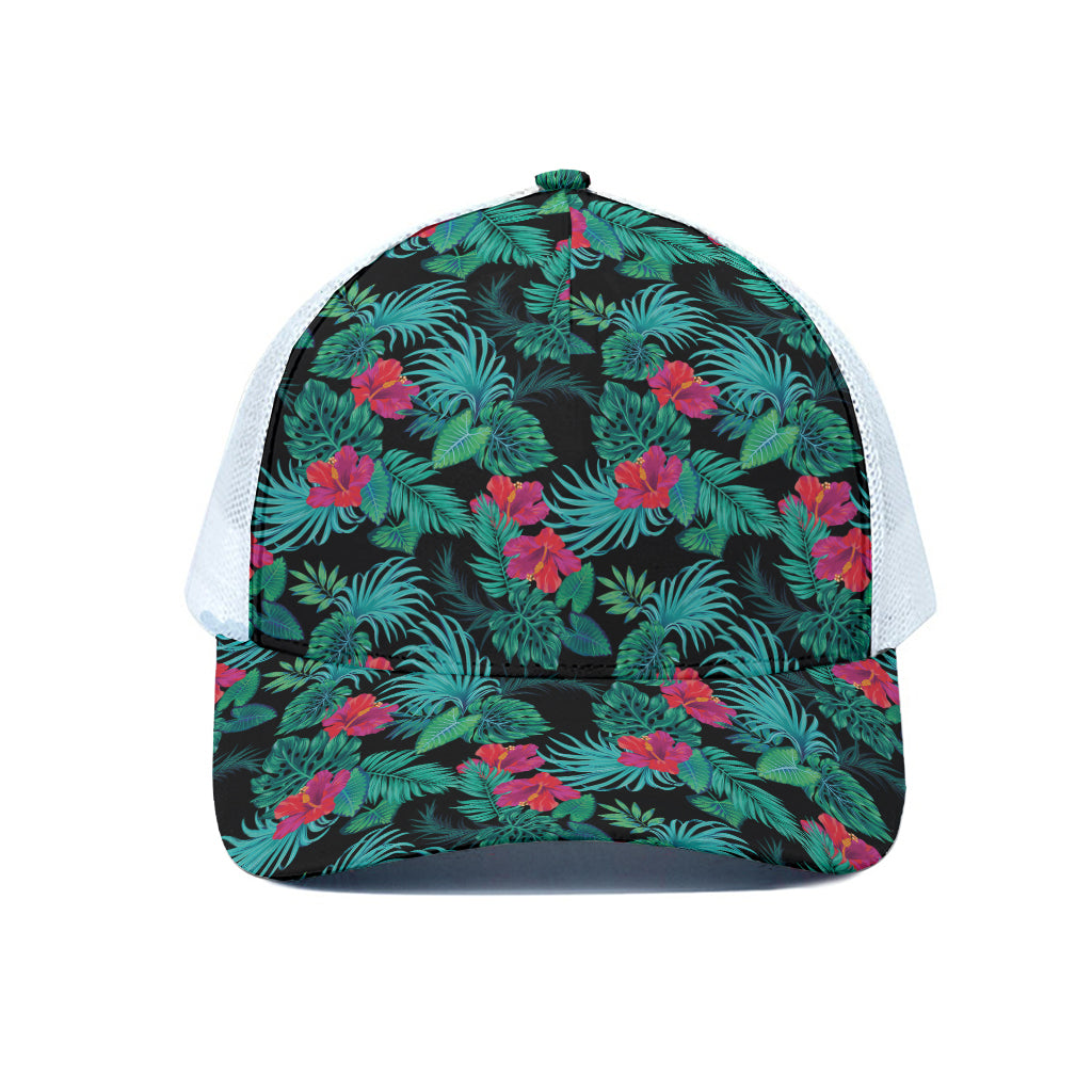 Turquoise Hawaiian Palm Leaves Print White Mesh Trucker Cap