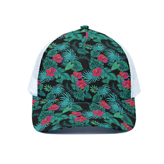 Turquoise Hawaiian Palm Leaves Print White Mesh Trucker Cap