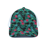 Turquoise Hawaiian Palm Leaves Print White Mesh Trucker Cap