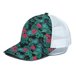 Turquoise Hawaiian Palm Leaves Print White Mesh Trucker Cap