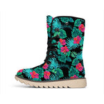 Turquoise Hawaiian Palm Leaves Print Winter Boots