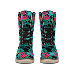Turquoise Hawaiian Palm Leaves Print Winter Boots