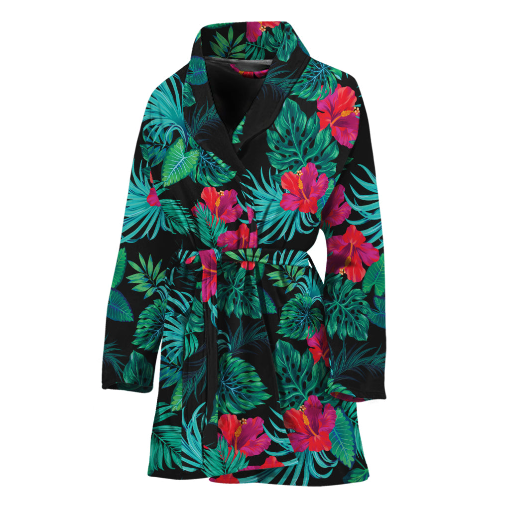 Turquoise Hawaiian Palm Leaves Print Women's Bathrobe