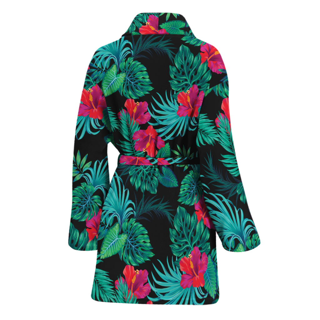 Turquoise Hawaiian Palm Leaves Print Women's Bathrobe