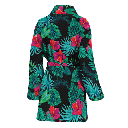 Turquoise Hawaiian Palm Leaves Print Women's Bathrobe