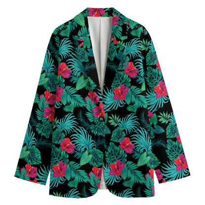 Turquoise Hawaiian Palm Leaves Print Women's Blazer