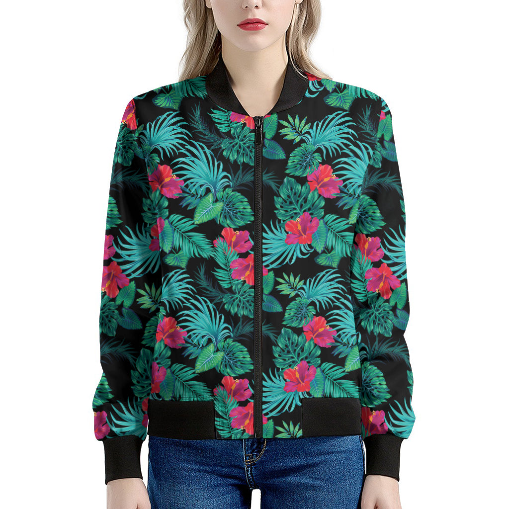 Turquoise Hawaiian Palm Leaves Print Women's Bomber Jacket