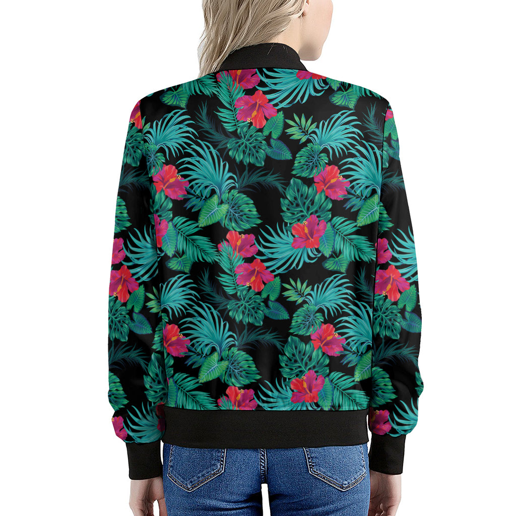 Turquoise Hawaiian Palm Leaves Print Women's Bomber Jacket