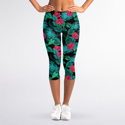 Turquoise Hawaiian Palm Leaves Print Women's Capri Leggings